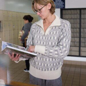 Beklina Hilma Grey and Cream Check Alpaca Sweater, size S